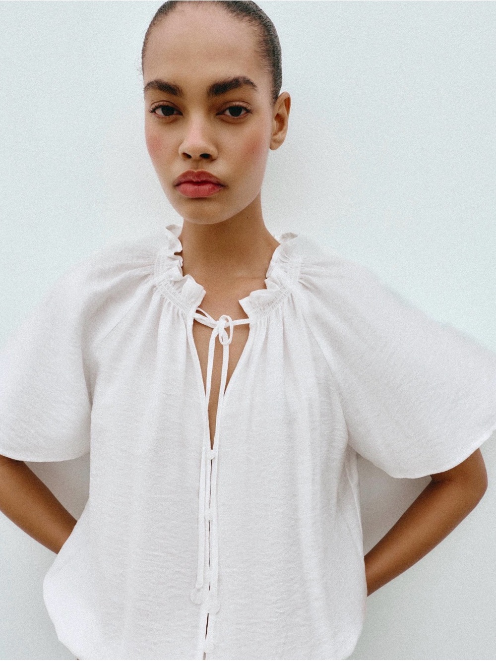 Zara White Gathered Neck Blouse